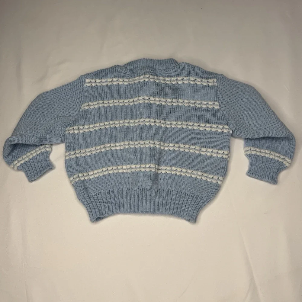 Vintage Blue Silly Flowers Hand Loomed Knit Sweater Acrylic With White Detail 18